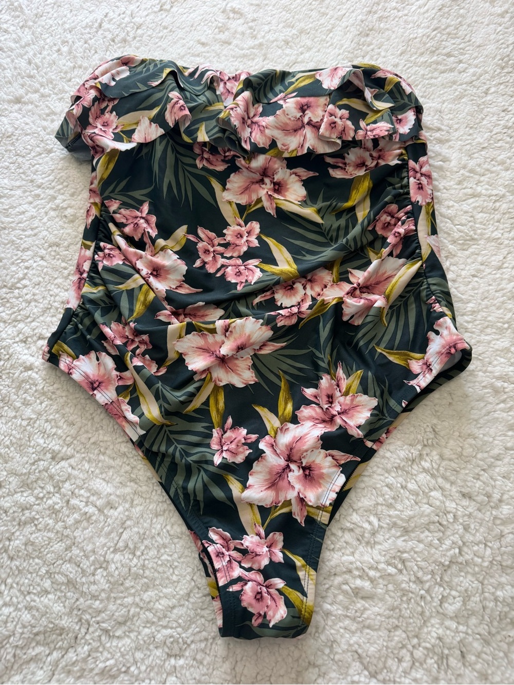 Kona Sol Dark Green One-Piece Swimsuit with Pink Floral Print and Ruffle Neck